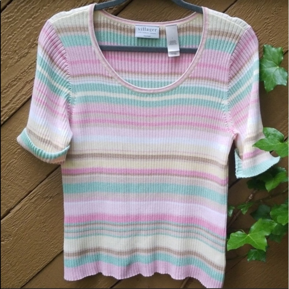 VINTAGE Liz Claiborne Sweater elbow sleeve Pastel Rainbow striped ribbed cotton - Picture 2 of 12